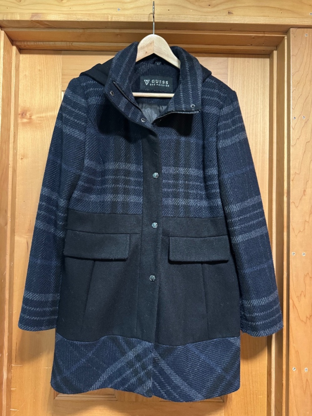 GUESS Los Angeles Plaid Hooded Wool Blend Coat Size L
